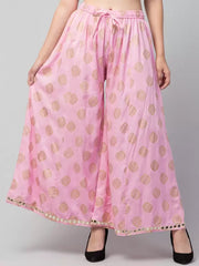 Women Flared Pink Viscose Rayon Trousers