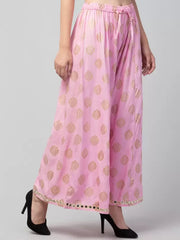Women Flared Pink Viscose Rayon Trousers