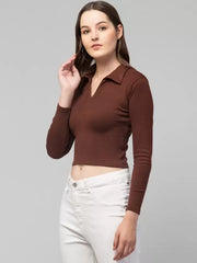 Casual Regular Sleeves Solid Women Brown Top