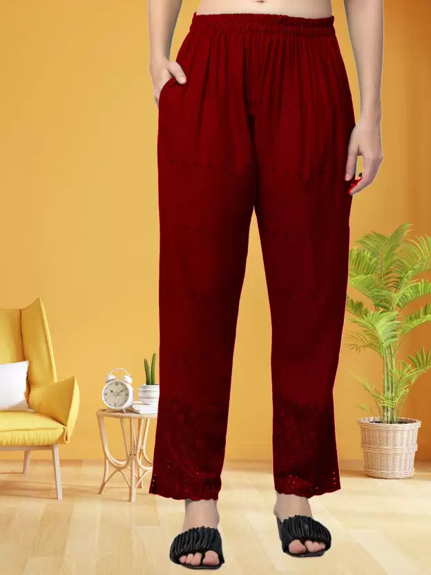 Women Relaxed Maroon Viscose Rayon Trousers
