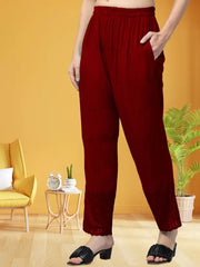 Women Relaxed Maroon Viscose Rayon Trousers