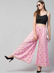 Women Flared Pink Viscose Rayon Trousers